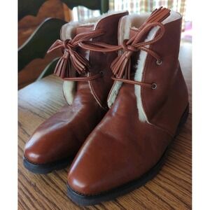Robert Zur Brown Shearling Lined Leather Ankle Boots Lace Up Made in France US 6